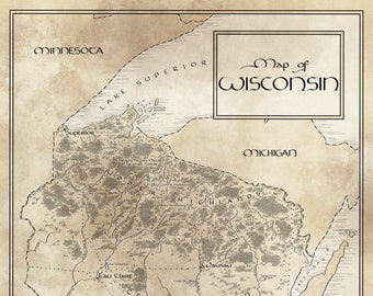 Wisconsin Map / Tolkien Inspired / Free US Shipping