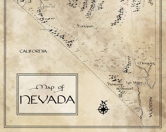 Nevada Map / Tolkien Inspired / Free US Shipping