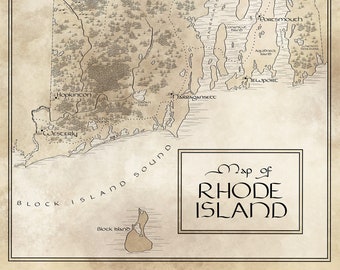 Rhode Island Map / Tolkien Inspired / Free US Shipping