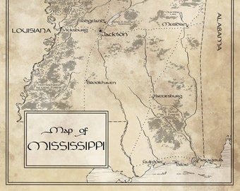 Mississippi Map / Tolkien Inspired / Free US Shipping