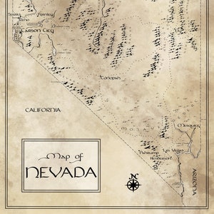 Nevada Map / Tolkien Inspired / Free US Shipping