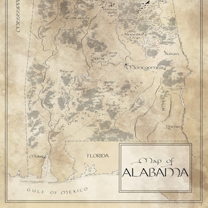 Carte de l'Alabama / Inspiré de Tolkien / Livraison gratuite aux États-Unis