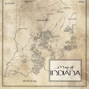 May include: A vintage style map of Indiana with the state's major cities and towns labeled. The map is drawn on a beige background with black lines and text. The title "Map of Indiana" is in a decorative font.