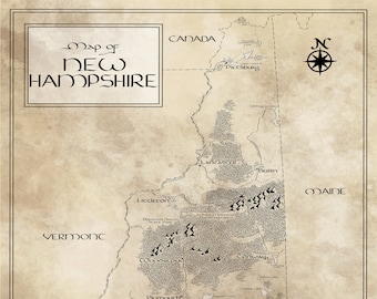 New Hampshire Map / Tolkien Inspired / Free US Shipping