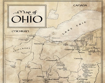 Ohio Map / Tolkien Style / Free US Shipping