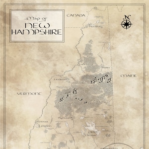 Kaart van New Hampshire / Geïnspireerd door Tolkien / Gratis verzending in de VS
