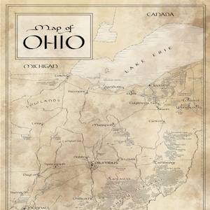 Carte de l’Ohio / Tolkien Style / Livraison gratuite aux États-Unis