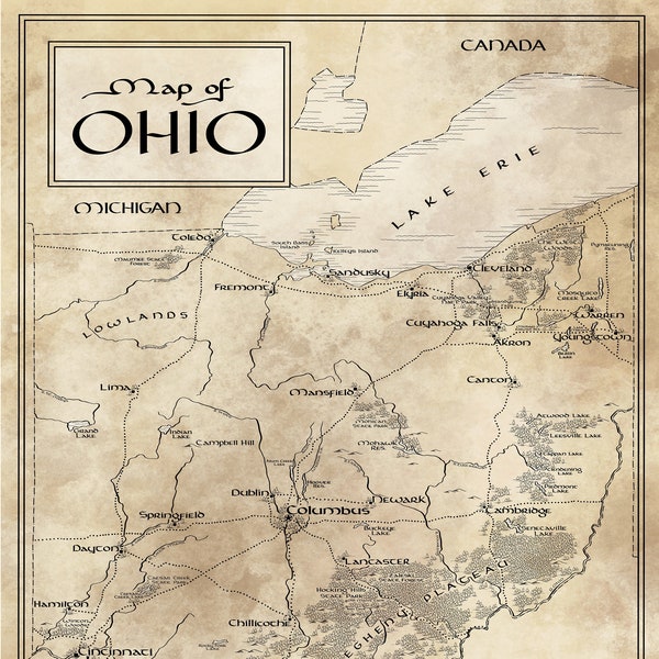 Ohio Map / Tolkien Style / Free US Shipping