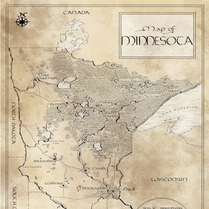 Carte du Minnesota / Inspiré de Tolkien / Livraison gratuite aux États-Unis