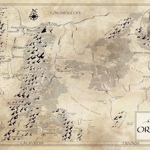May include: A vintage-style map of Oregon with a beige background and black lines. The map shows the state's major cities, rivers, and mountain ranges. The text "Map of Oregon" is printed in a black banner at the bottom of the map.