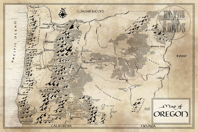May include: A vintage-style map of Oregon with a beige background and black lines. The map shows the state's major cities, rivers, and mountain ranges. The text "Map of Oregon" is printed in a black banner at the bottom of the map.