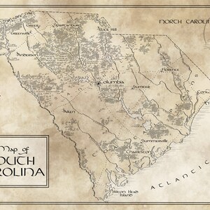 South Carolina Map / Tolkien Inspired / Free US Shipping