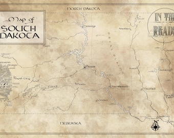 South Dakota Map / Tolkien Inspired / Free US Shipping