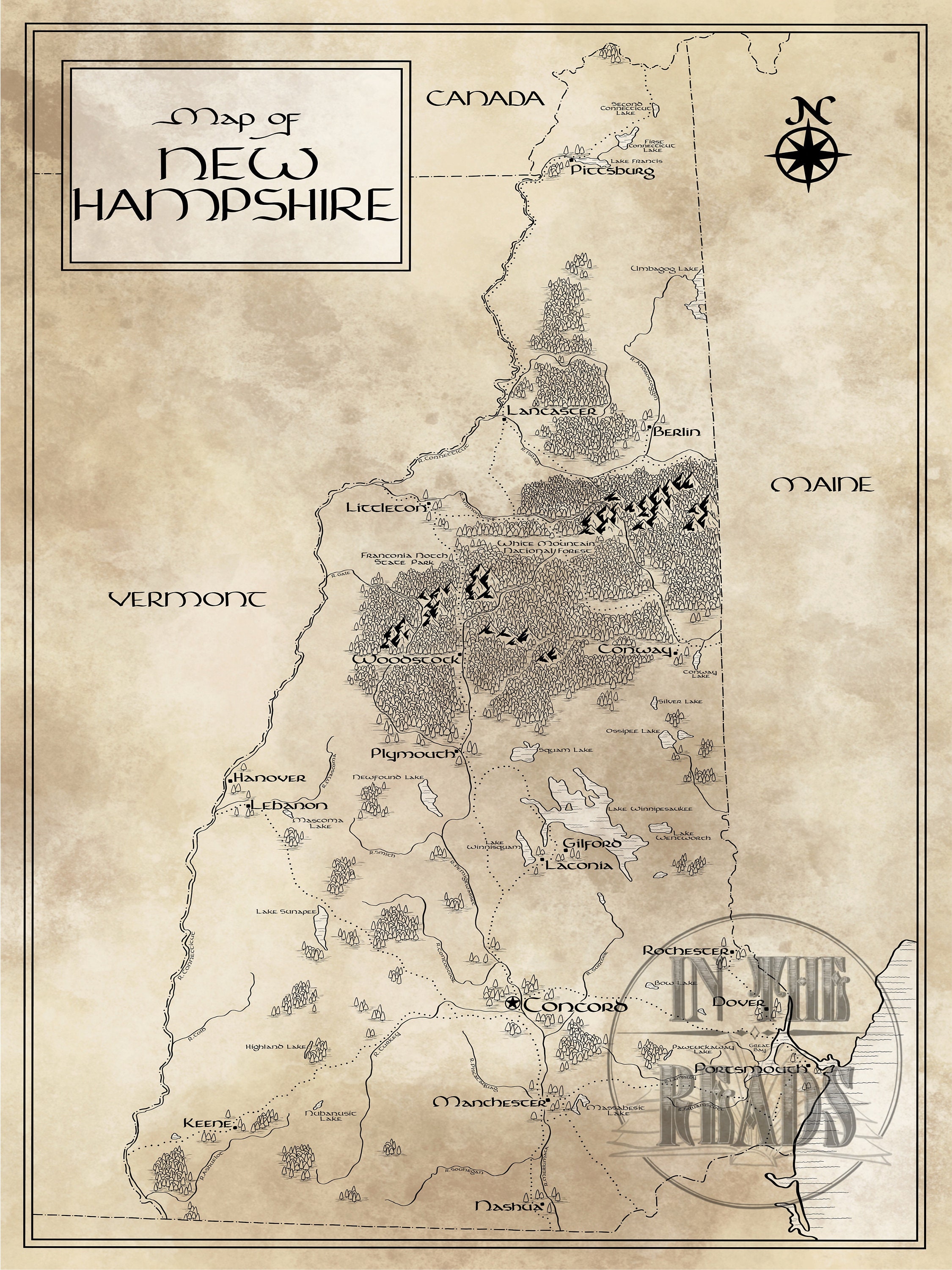 New Hampshire Map / Tolkien Inspired / Free US Shipping photo