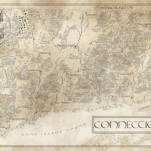 Connecticut-kaart / Tolkien-geïnspireerd / Gratis verzending in de VS