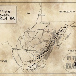 Mapa da Virgínia Ocidental / Inspirado em Tolkien / Frete grátis para os EUA