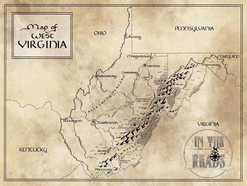 West Virginia Map / Tolkien Inspired / Free US Shipping image 1