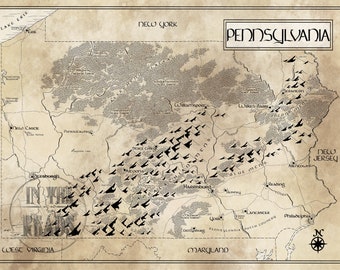 Pennsylvania Map / Tolkien Inspired / Free US Shipping