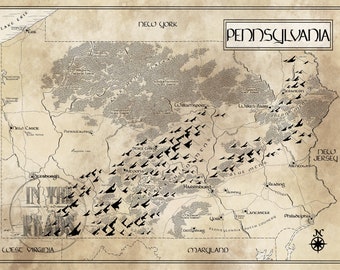 Mapa da Pensilvânia / Inspirado em Tolkien / Frete grátis para os EUA