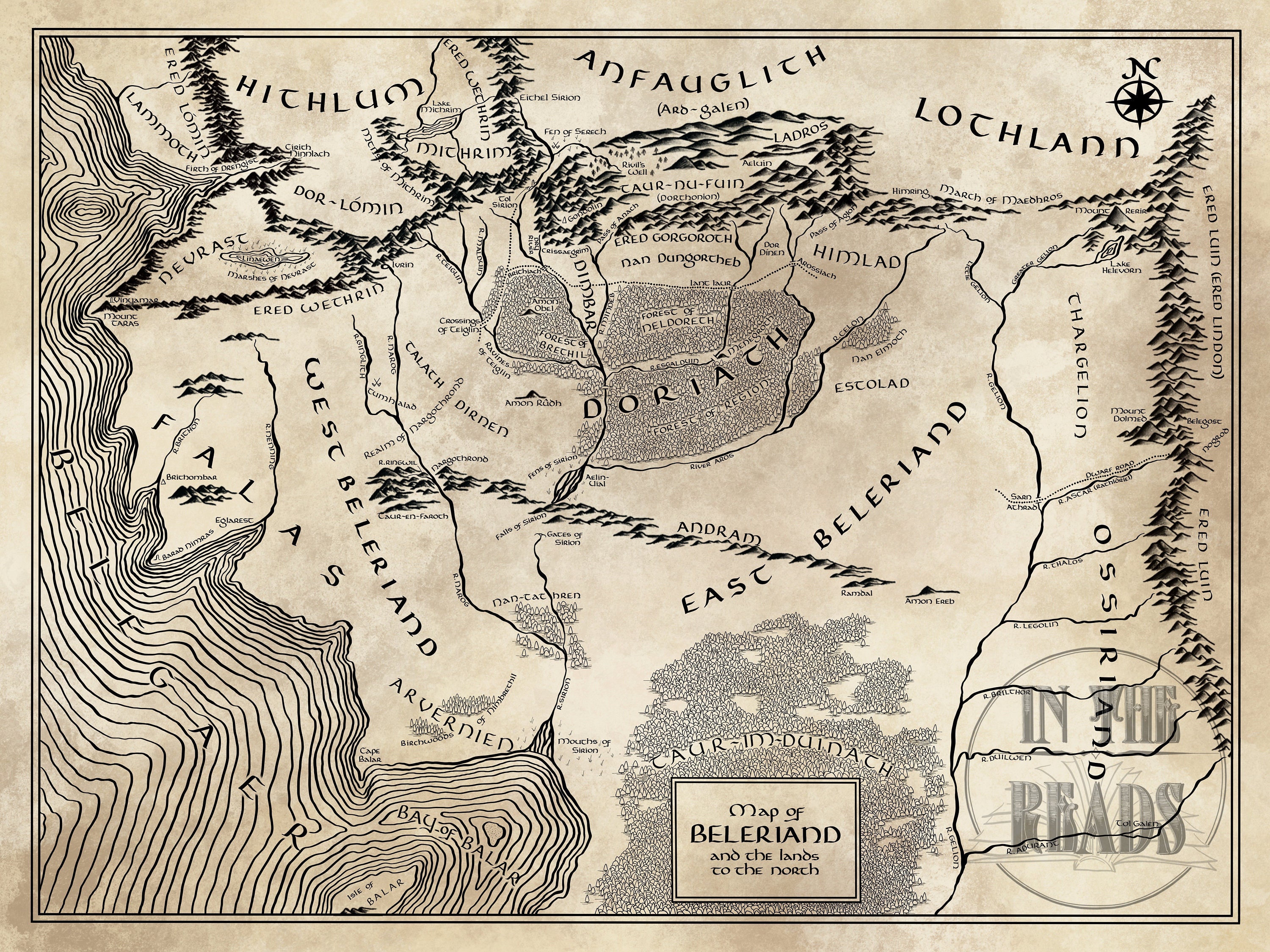 Beleriand and Middle Earth Silmarillion Map - Fantasy Lord of the Rings The  Hobbit Poster Print (11x17 inches)