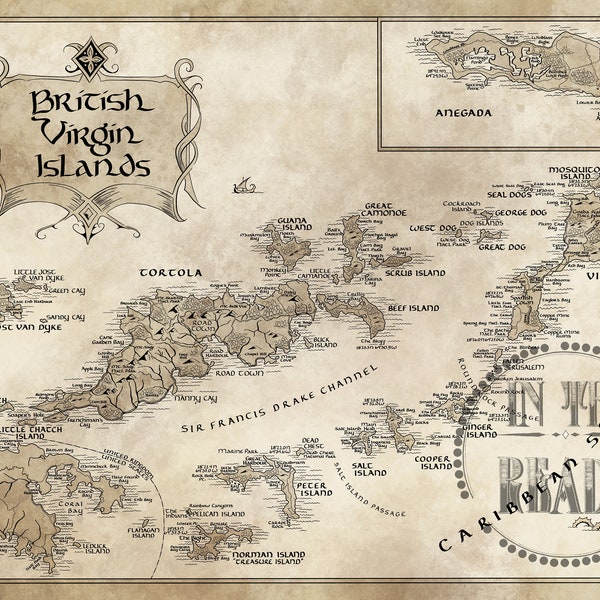 British Virgin Islands Map / Tolkien Inspired / 24x36 / Free US Shipping