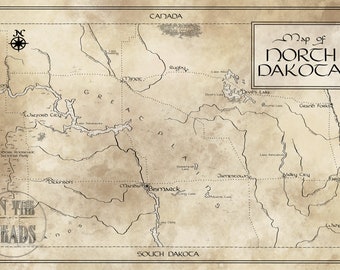 North Dakota Map / Tolkien Inspired / Free US Shipping