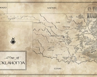 Oklahoma Map / Tolkien Inspired / Free US Shipping