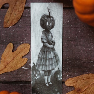May include: A black and white pencil drawing of a girl with a pumpkin head holding a smaller pumpkin. The girl is wearing a dress with ruffles and is standing in front of a background of pumpkins.