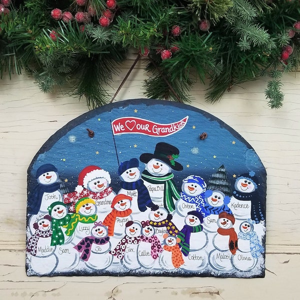 18-19 Person Snowman Family Plaque, Handpainted on Slate, Fully Customized and Personalized