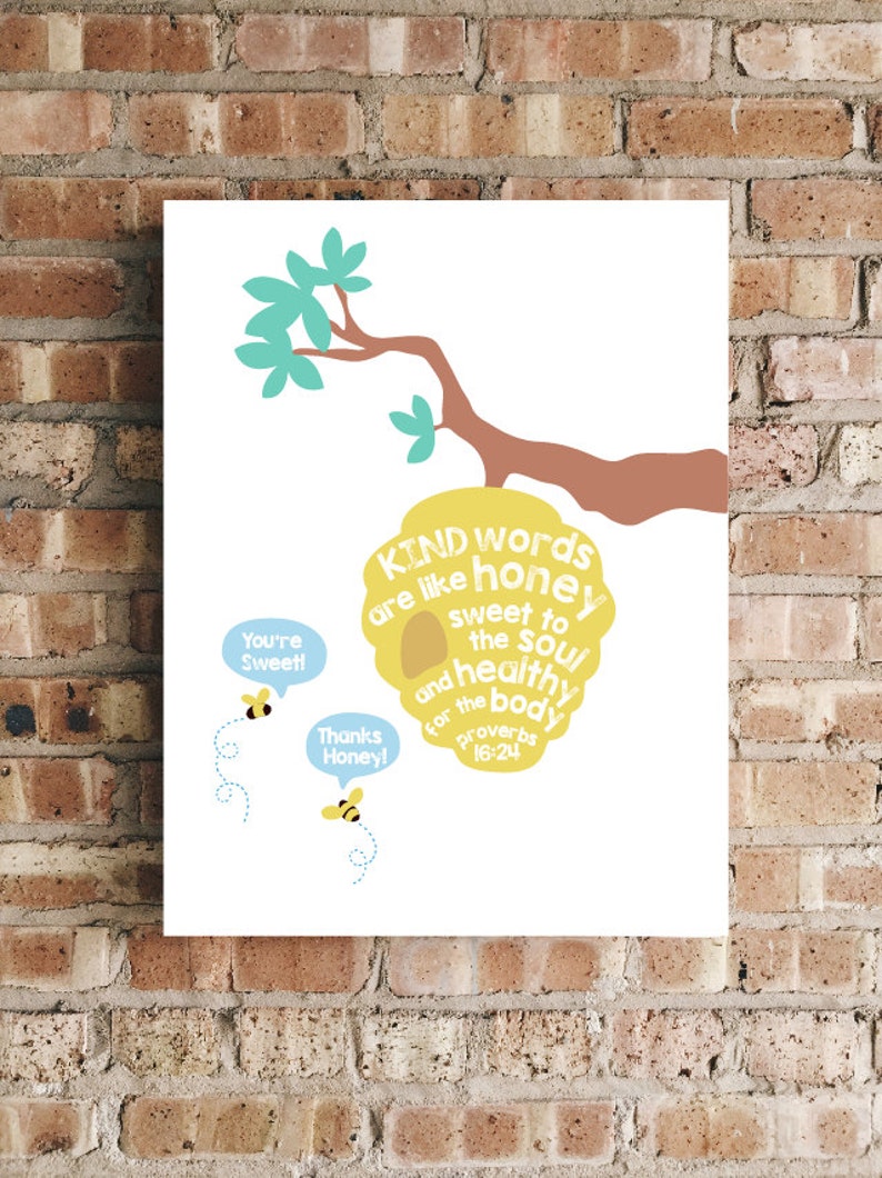 Use Kind Words Proverbs 16:24 Sweet Honey Bees Bible Verse Wall Art Scripture Prints image 1