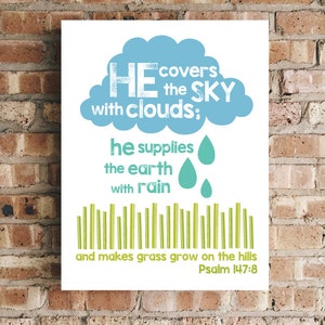 Sky, Earth, and Hills -  Psalm 147:8 Bible Verse Wall Art - Digital Download