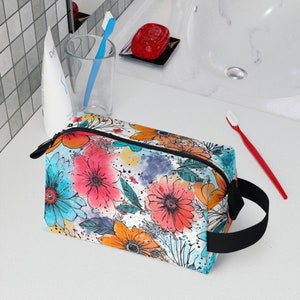 Watercolor Floral Toiletry Zipper Bag, Travel Makeup Organizer, Cosmetic Pouch, Floral Print, Gift for Her