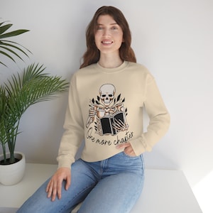 One More Chapter Sweatshirt, Reading Skeleton Graphic, Unisex Crewneck Sweatshirt, Book Lover Gift, Cozy Fall Apparel