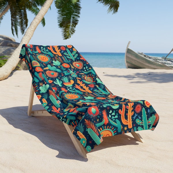 Retro Cactus Beach Towel, Colorful Southwest Design, Summer Towel, Boho Chic, Southwest Decor, Vibrant Colors