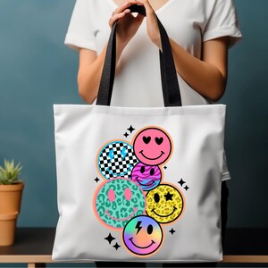 Gemusterte Lächeln Gesicht Tasche, Bunte Retro Tasche, Spaß Groovy Umhängetasche, Einzigartige Lächeln Gesichter Tasche, Retro Print Tote