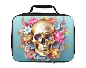 Bolsa de almuerzo 3D Calavera dorada y floral