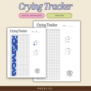 Pode incluir: Rastreador de choro imprimível com uma grade para rastrear os episódios de choro. O rastreador tem uma chave com as opções sim e não e uma seção total para cada mês. O rastreador tem um gráfico bonito de olho com lágrimas.