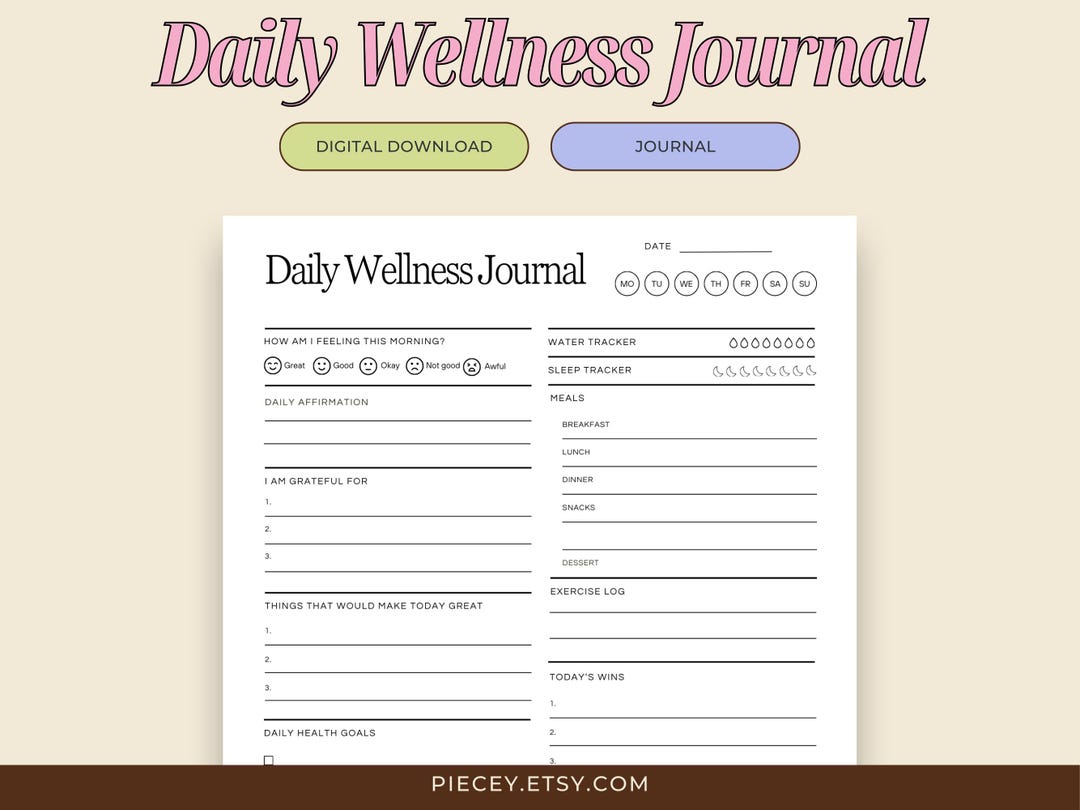 Daily Wellness Journal Printable: To-do List, Hourly Planner (PDF) - Etsy