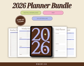 2026 Digital Planner Tracker 50 Pages Bundle, Printable Wellness Journal (Digital Download)