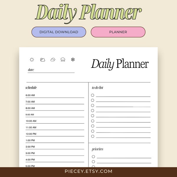 Minimalist Daily Planner Printable Daily Planner Printable Daily To Do List Productivity Planner Hourly Planner Daily Journal