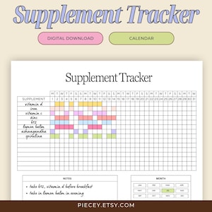 Puede incluir: Seguimiento de suplementos imprimible con una cuadrícula para registrar la ingesta diaria de vitaminas, minerales y hierbas. El seguimiento incluye un calendario y una sección de notas. El texto "Supplement Tracker" aparece en la parte superior de la página.