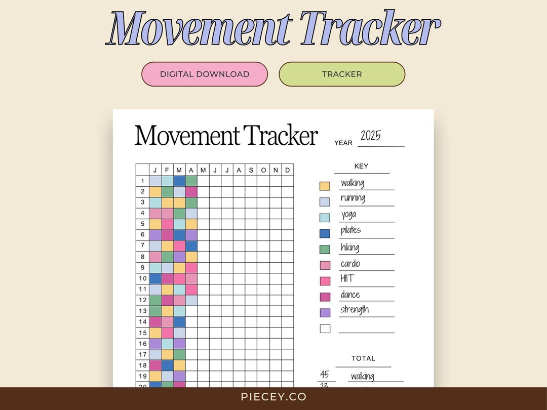 Movement Tracker Yearly Printable Exercise Tracker Workout Tracker ...