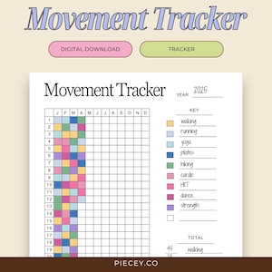 Movement Tracker Yearly Printable Exercise Tracker Workout Tracker Health Tracker Fitness Log Fitness Tracker Weight Loss Journal Page