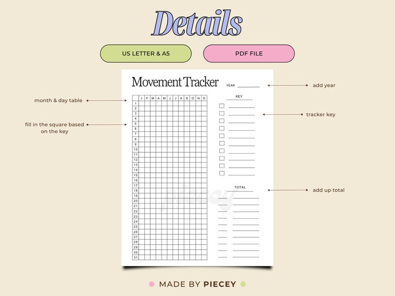 Movement Tracker Yearly Printable Exercise Tracker Workout Tracker ...