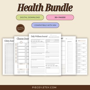 May include: A printable health bundle with over 30 pages, including a daily wellness journal, a cleanse journal, and a celery juice tracker. The bundle is compatible with the Happy Planner.