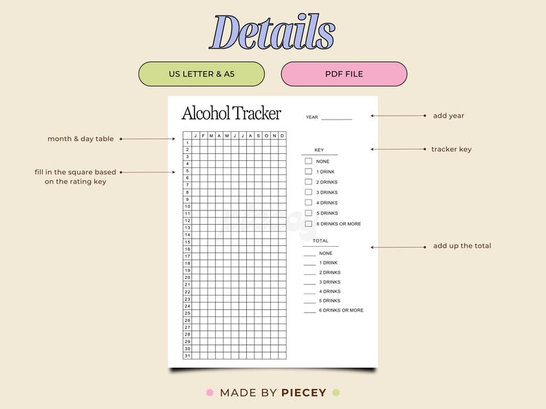 Alcohol Tracker Printable, Yearly Alcohol Log (digital Download) - Etsy