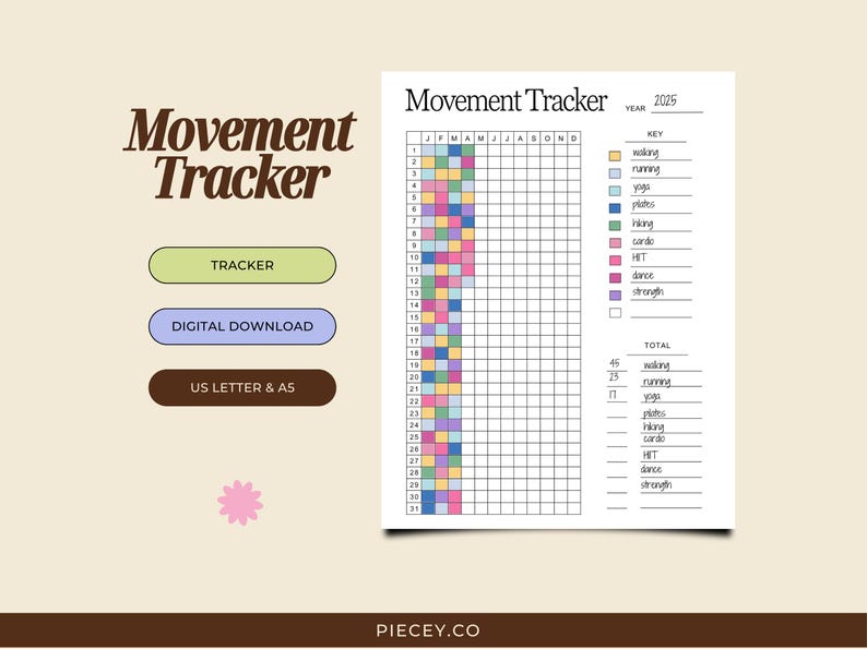 Movement Tracker Yearly Printable Exercise Tracker Workout Tracker ...