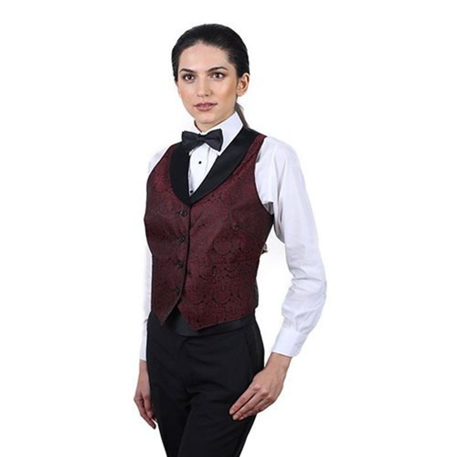 Women's Burgundy Symphony Jacquard Tuxedo Vest with Black Etsy