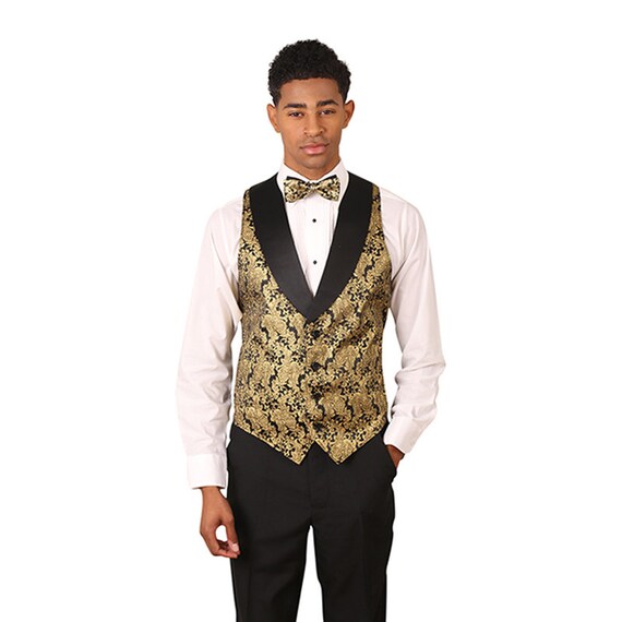 Men's Gold Metallic tuxedo vest with black lapel Etsy