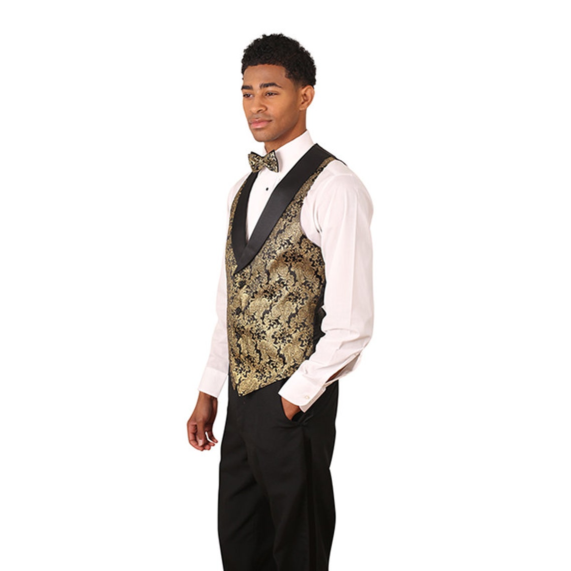 Men's Gold Metallic tuxedo vest with black lapel Etsy